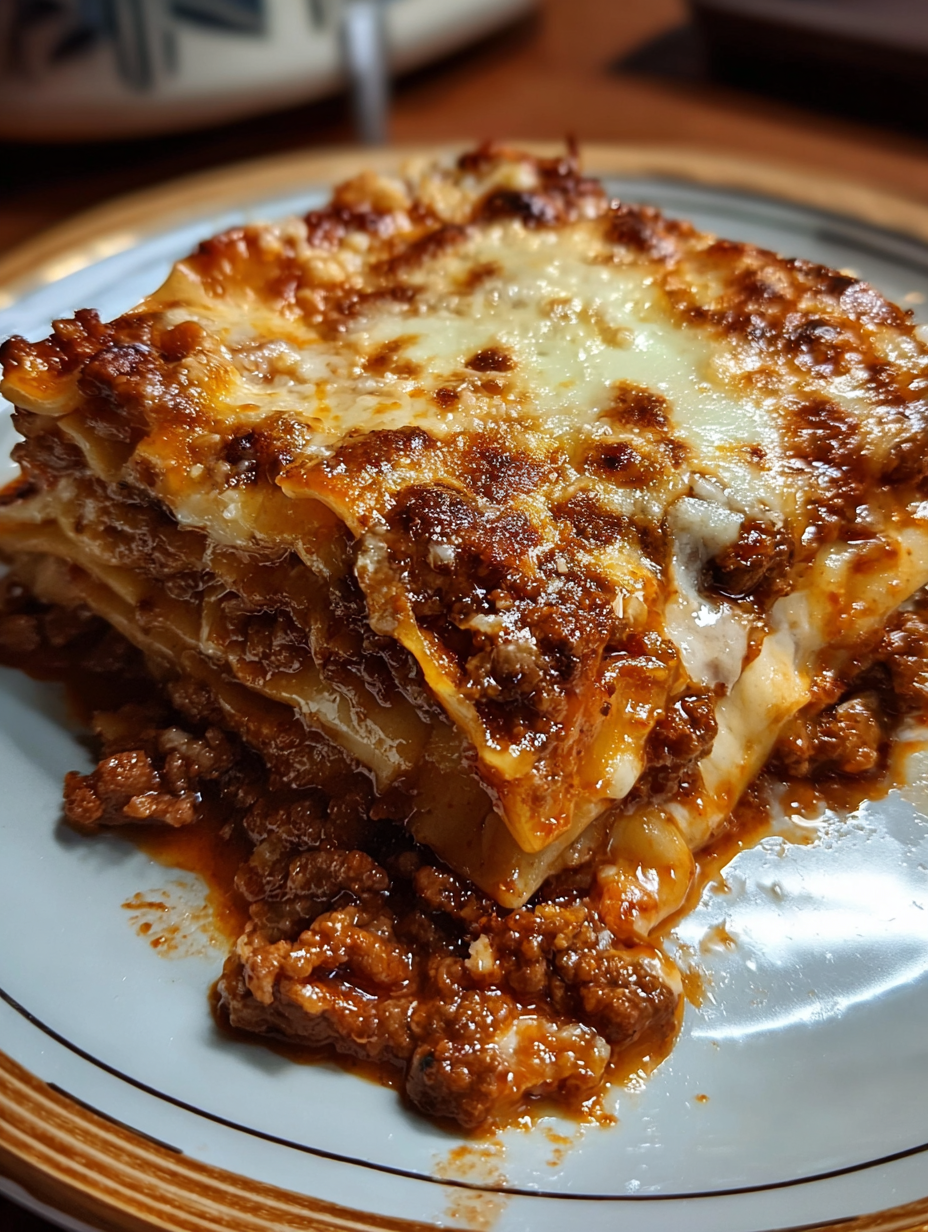 A plate of lasagna with meat sauce.