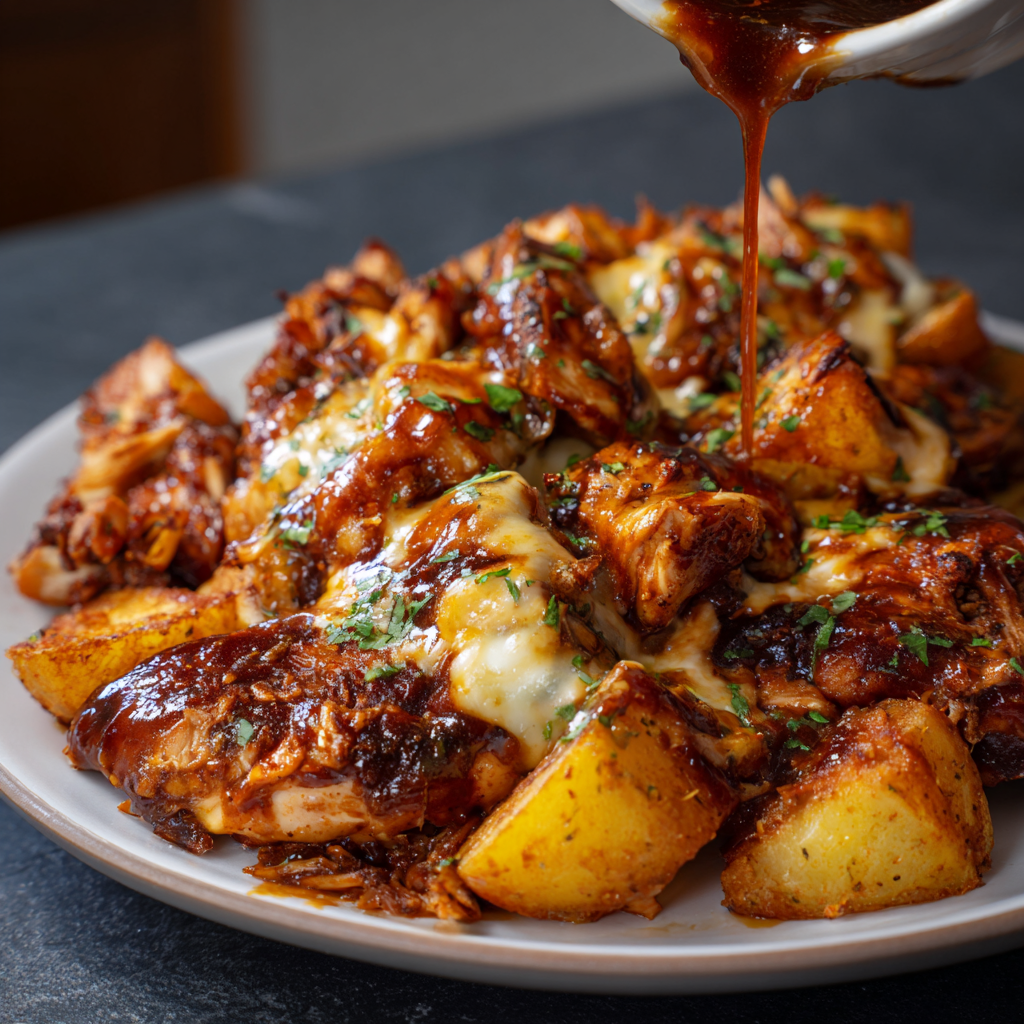 A plate of food with a brown sauce drizzled over it.