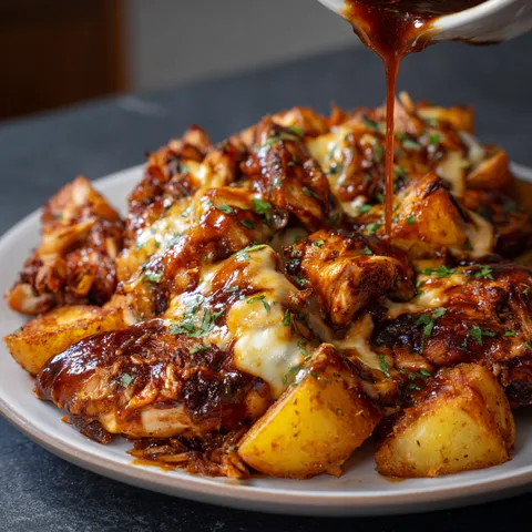 A plate of food with a brown sauce drizzled over it.