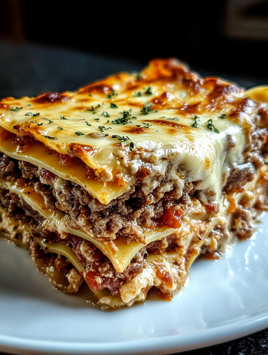 A slice of lasagna on a plate.
