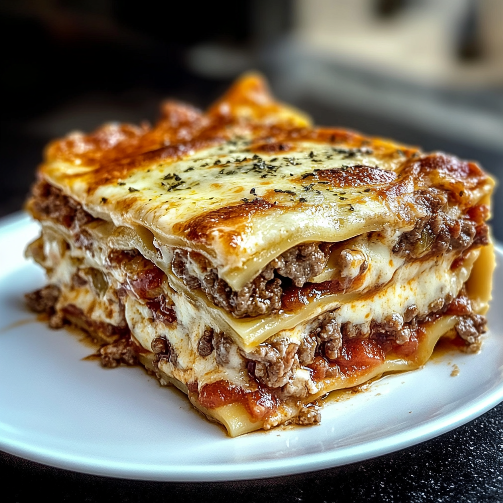 A stack of lasagna on a plate.