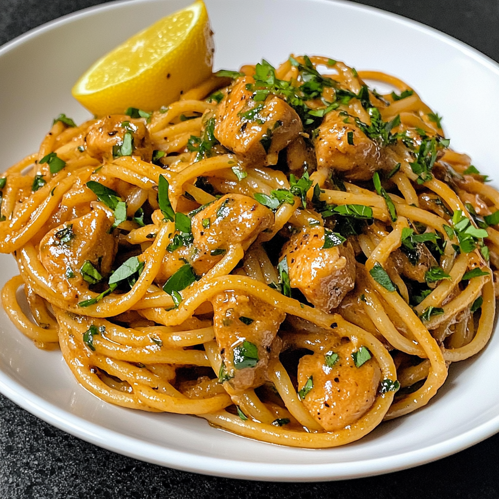 A plate of noodles with meat and a lemon wedge.