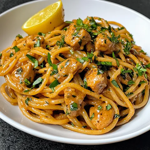 A plate of noodles with meat and a lemon wedge.