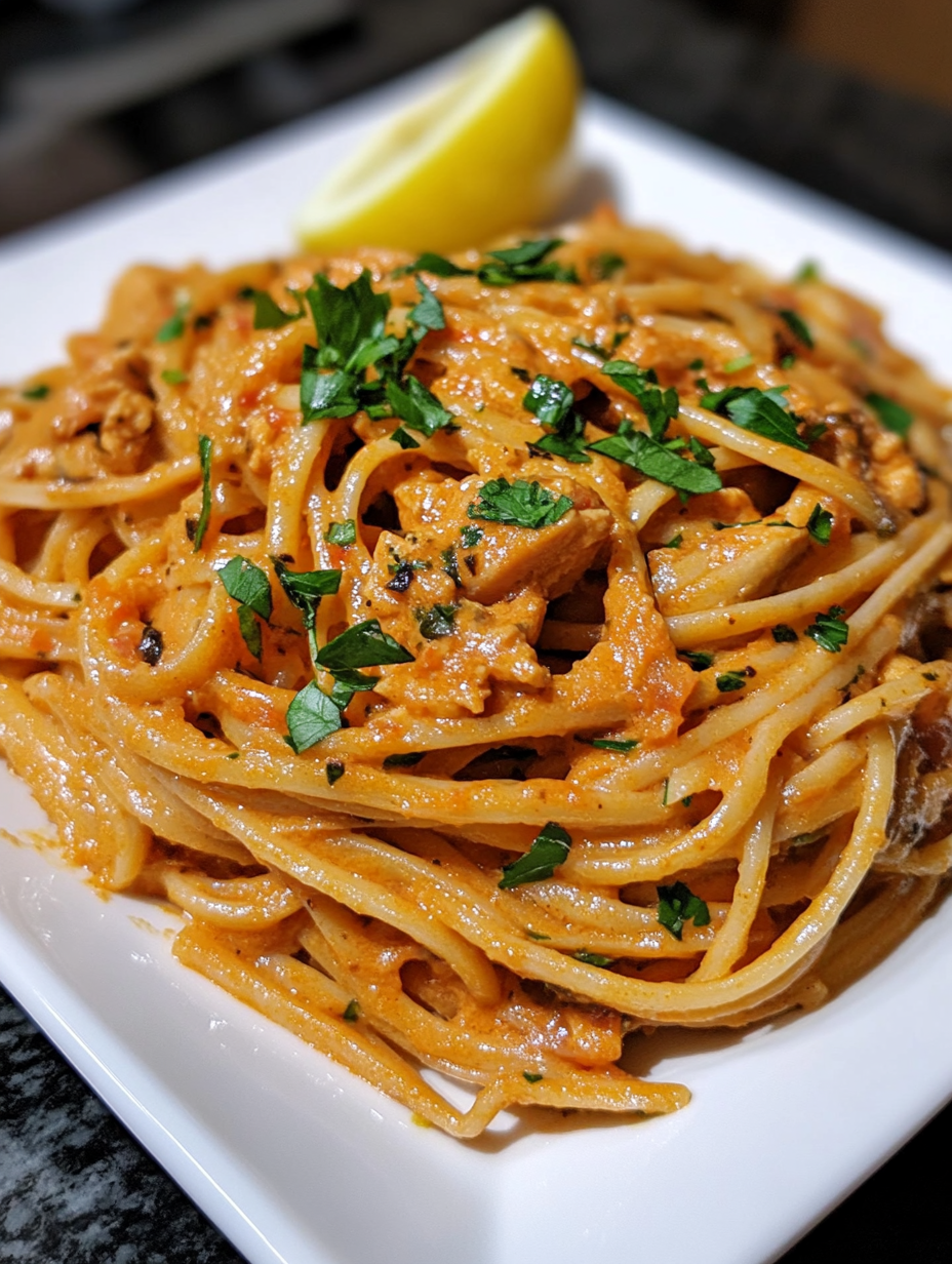 A plate of spaghetti with meat sauce and a lemon wedge.