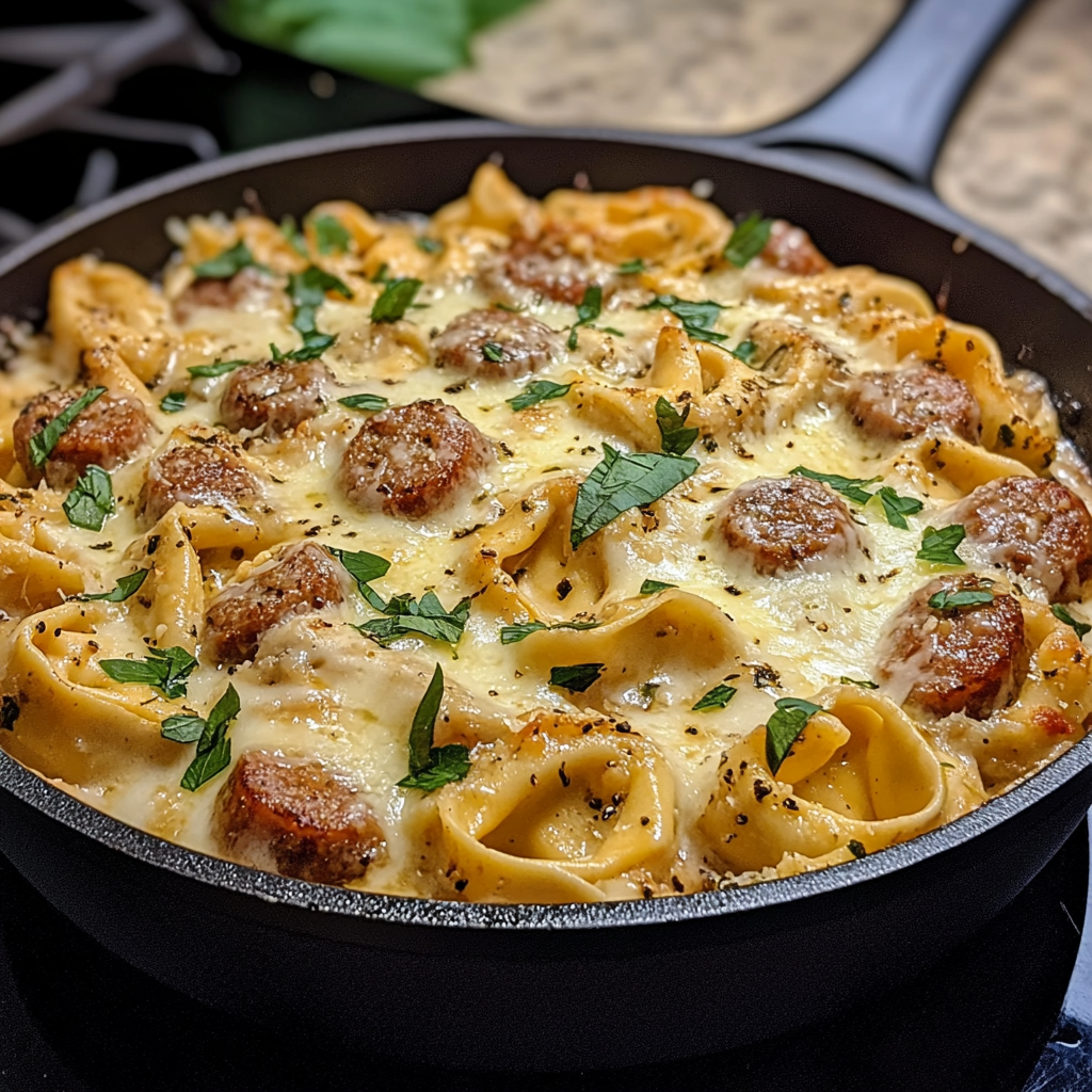A pan of pasta with meat and cheese.