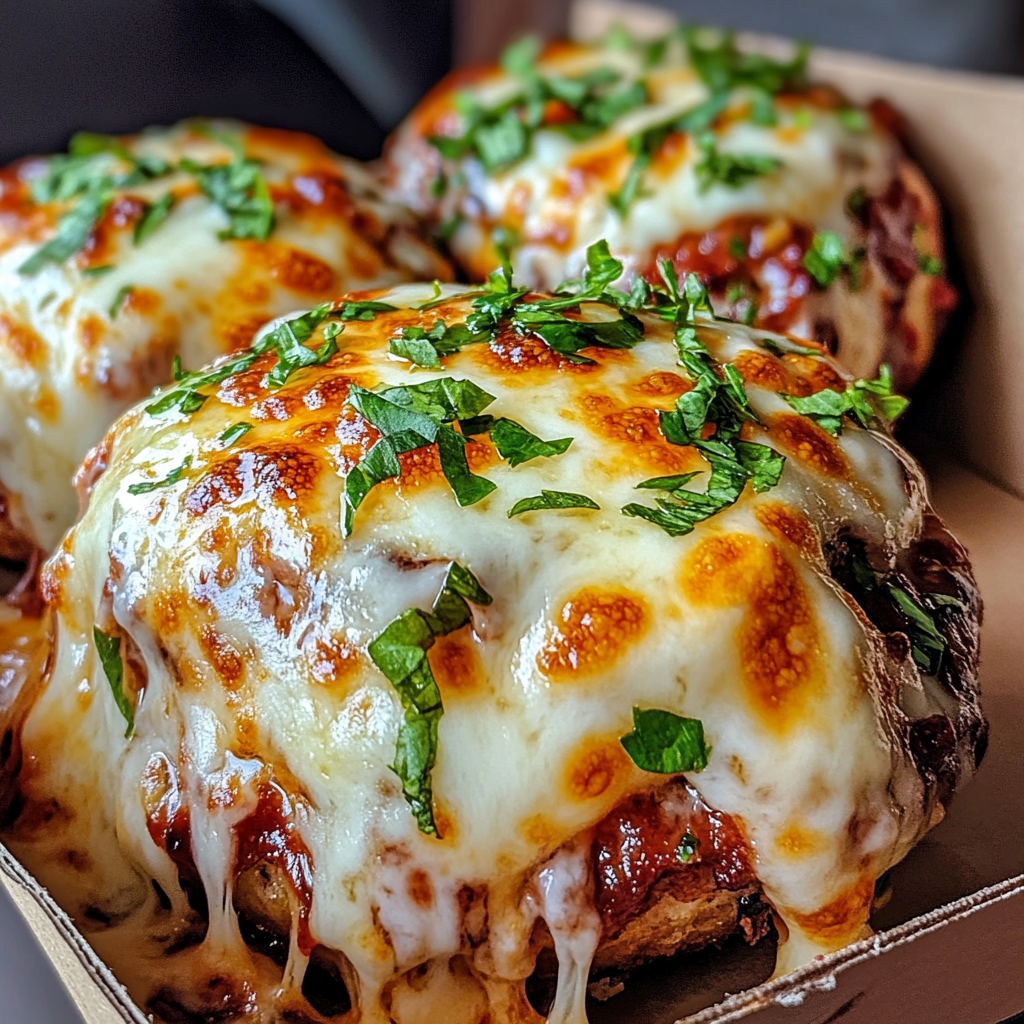 Two cheese and herb stuffed meatballs in a box.