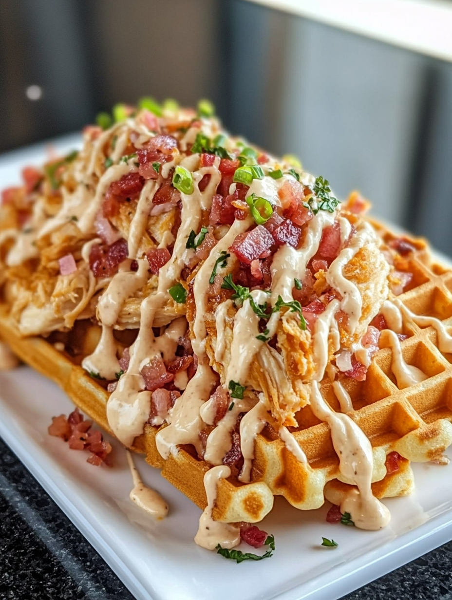 A plate of food with a waffle and meat on it.
