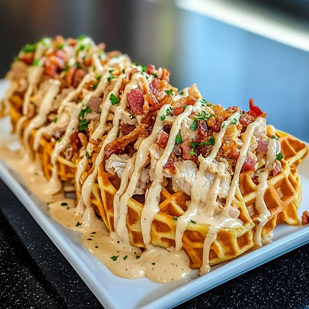 A plate of food with a waffle on it.