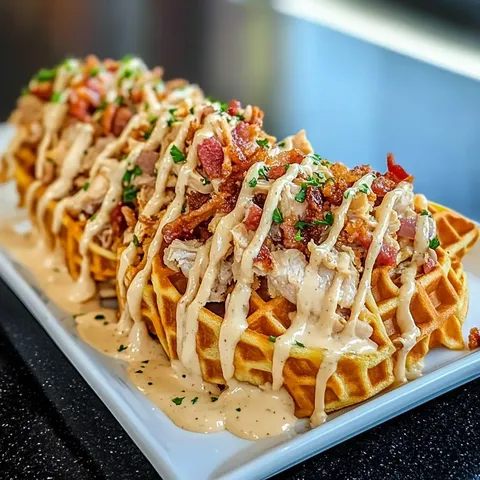 A plate of food with a waffle on it.