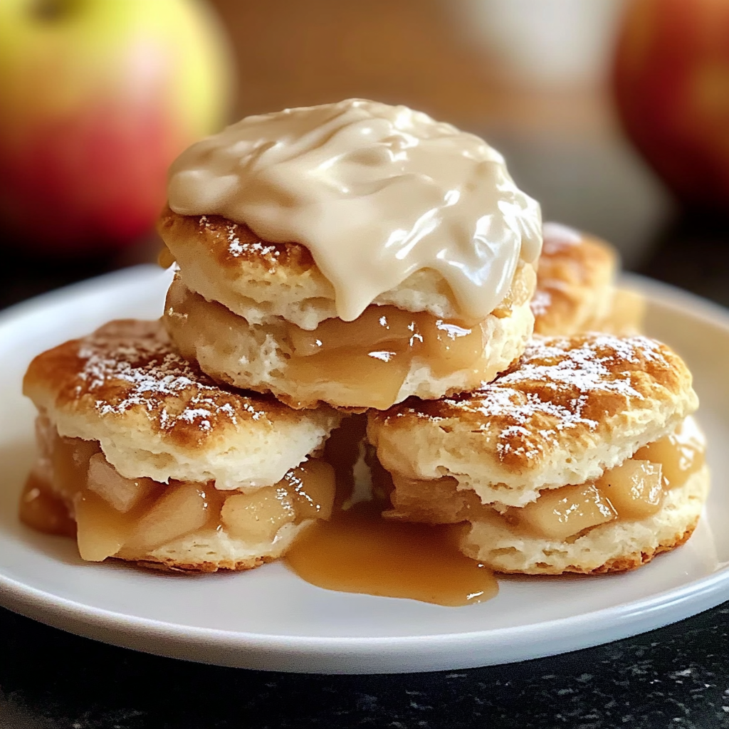 A stack of three apple pastries with a dollop of cream on top.