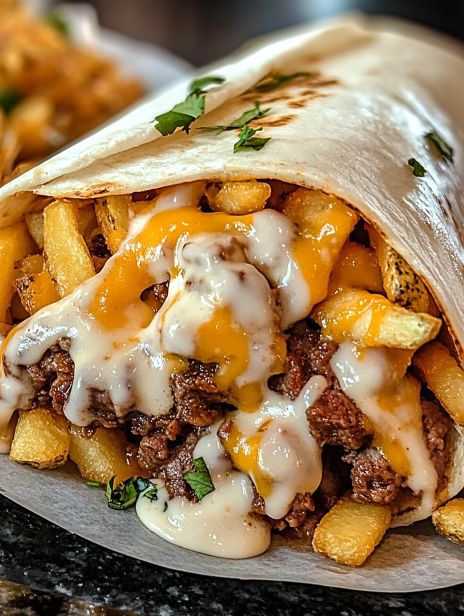 A burrito with cheese and french fries.