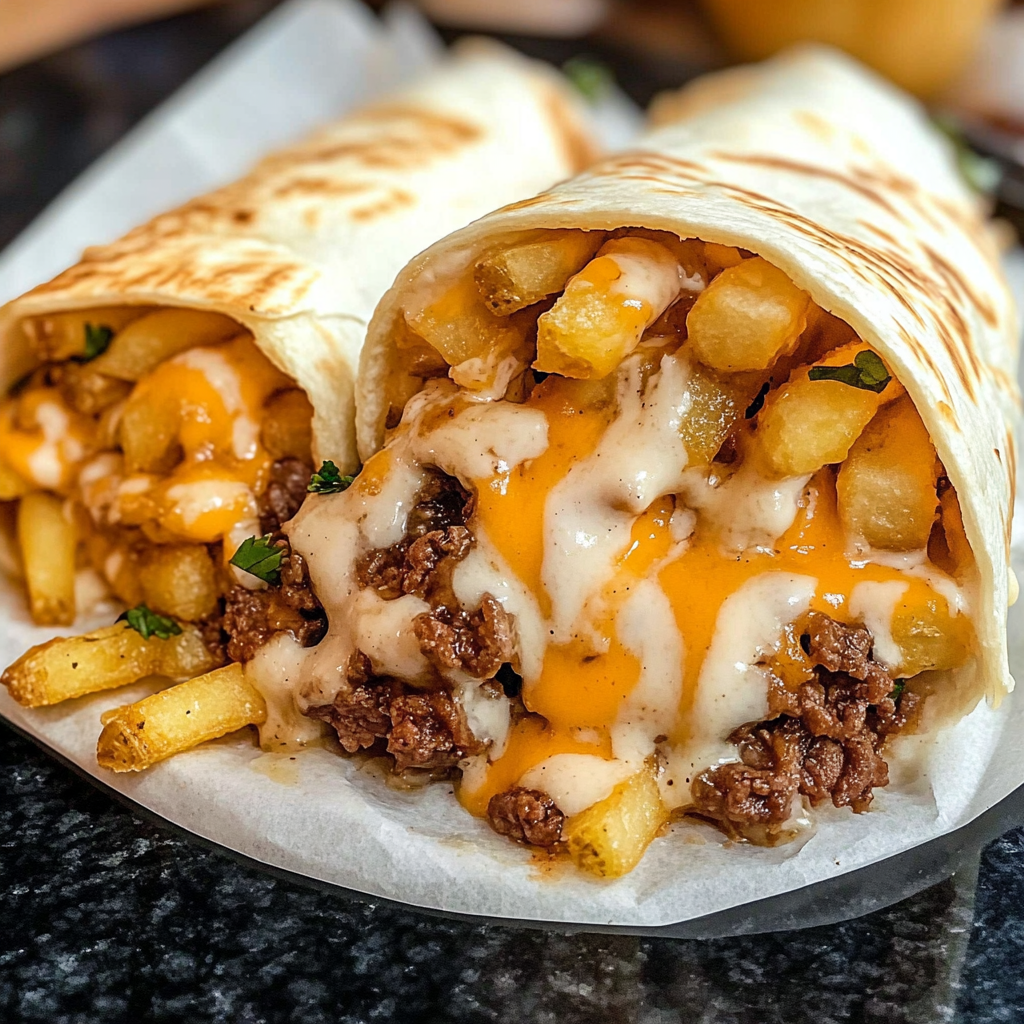 A burrito with cheese and french fries.
