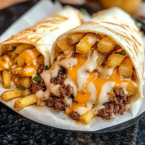 A burrito with cheese and french fries.