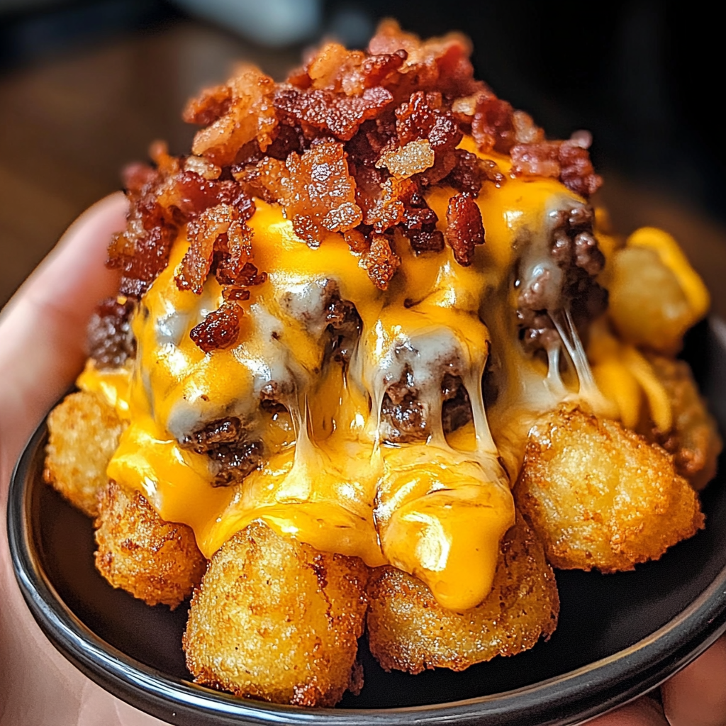 A plate of food with cheese and bacon on top.