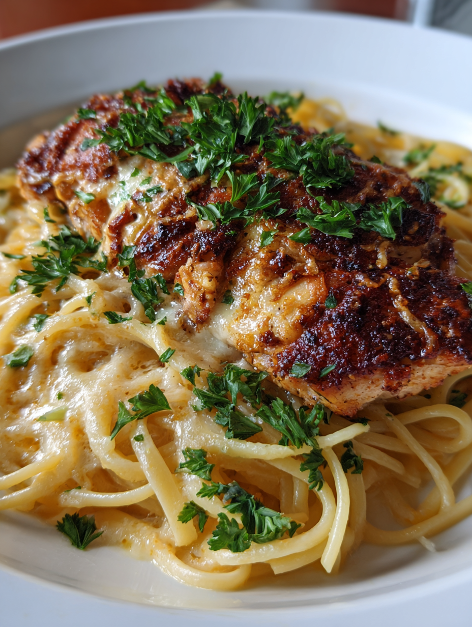 A plate of food with chicken and pasta.