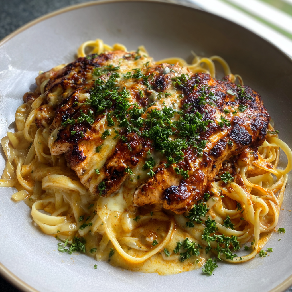 A plate of food with chicken and pasta.
