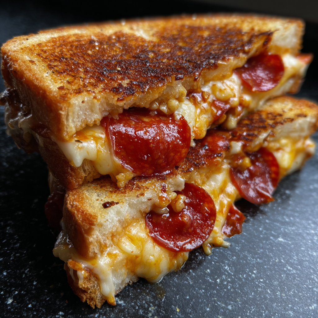 A slice of pizza on a black surface.