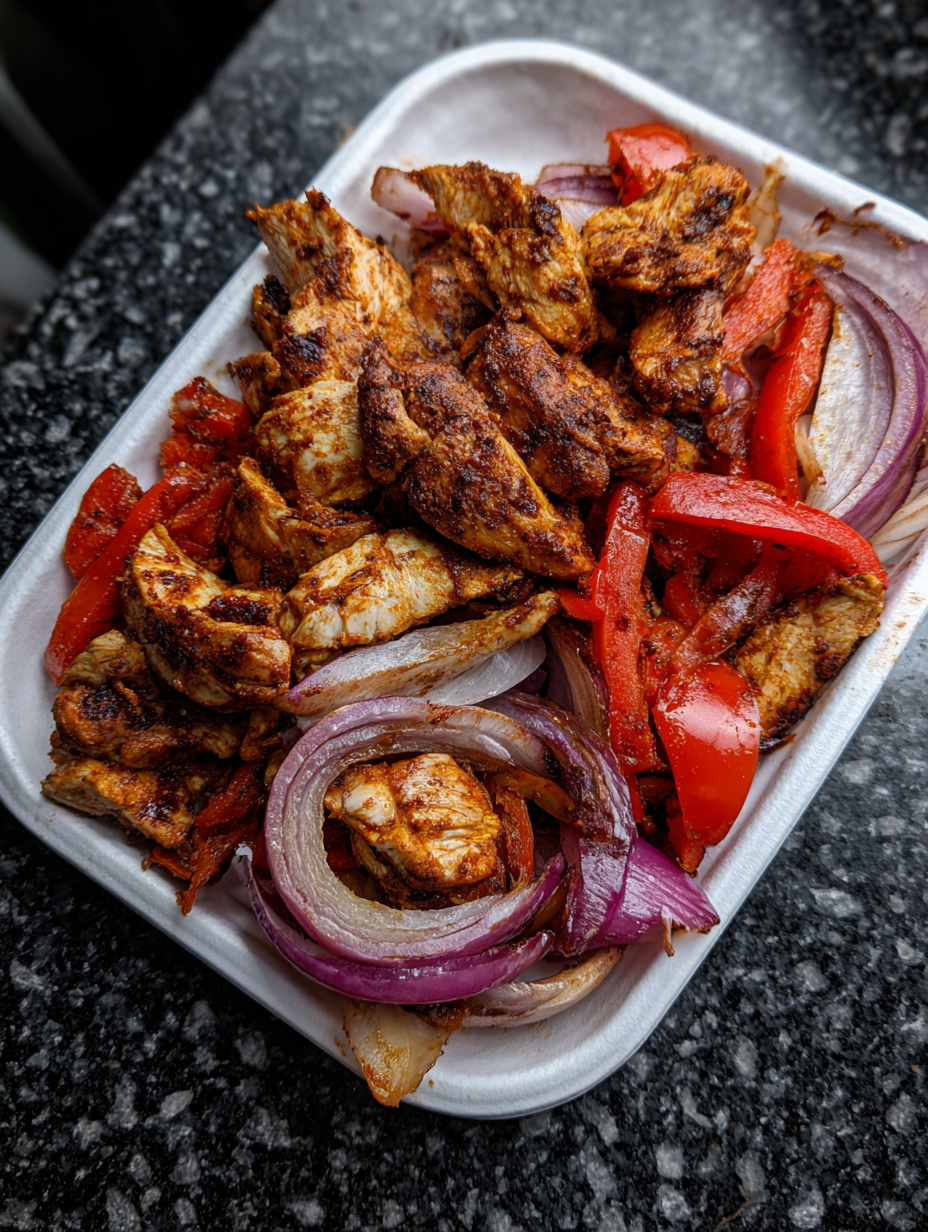 A plate of food with chicken, peppers and onions.