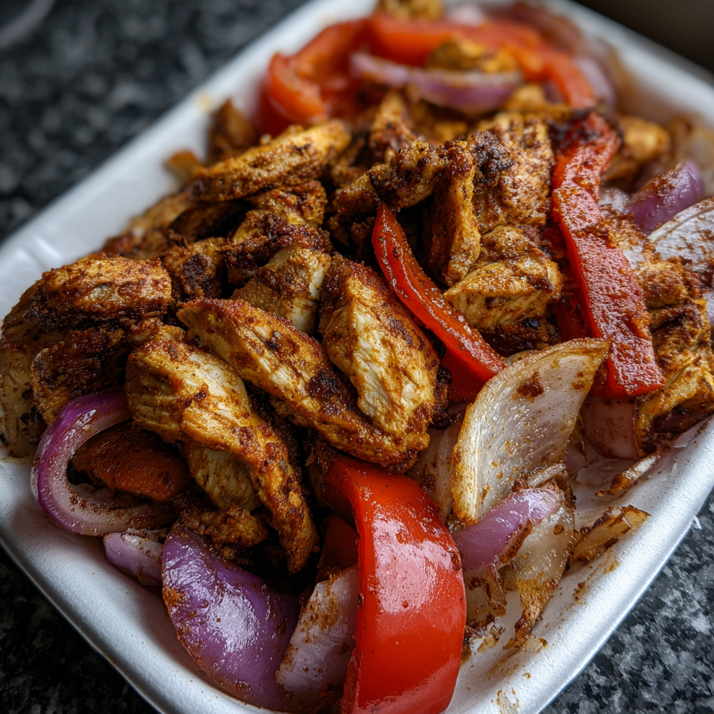 A plate of food with chicken, peppers, and onions.