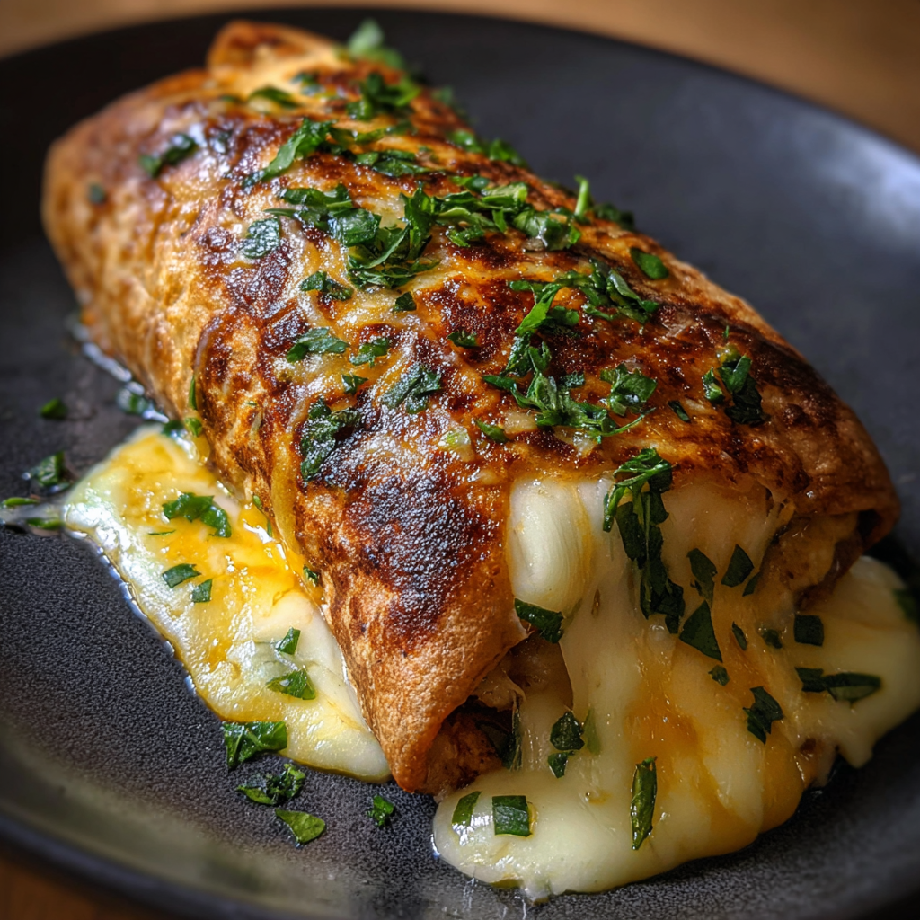 A burrito with cheese and green onions.