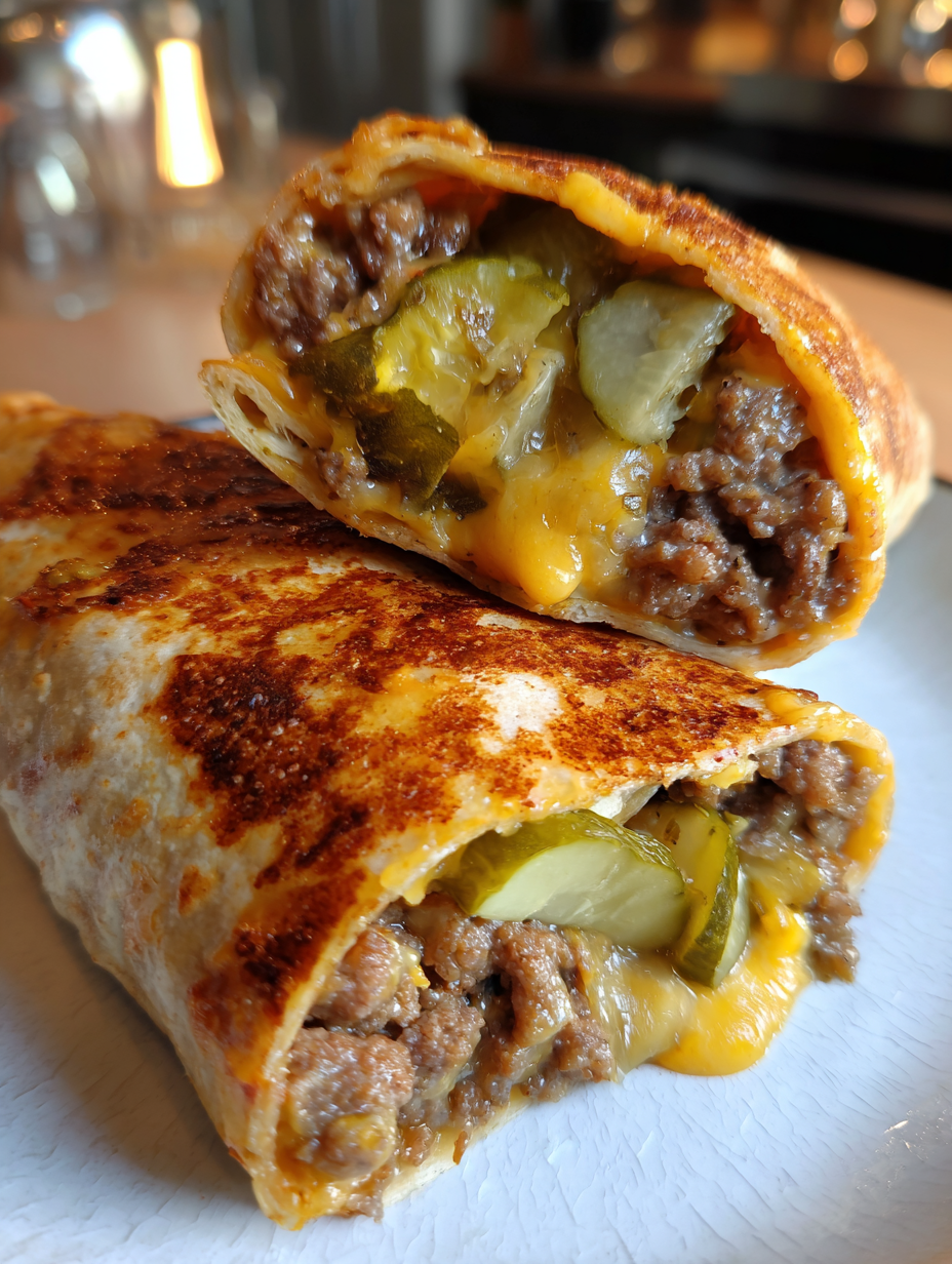 A burrito with meat and pickles.