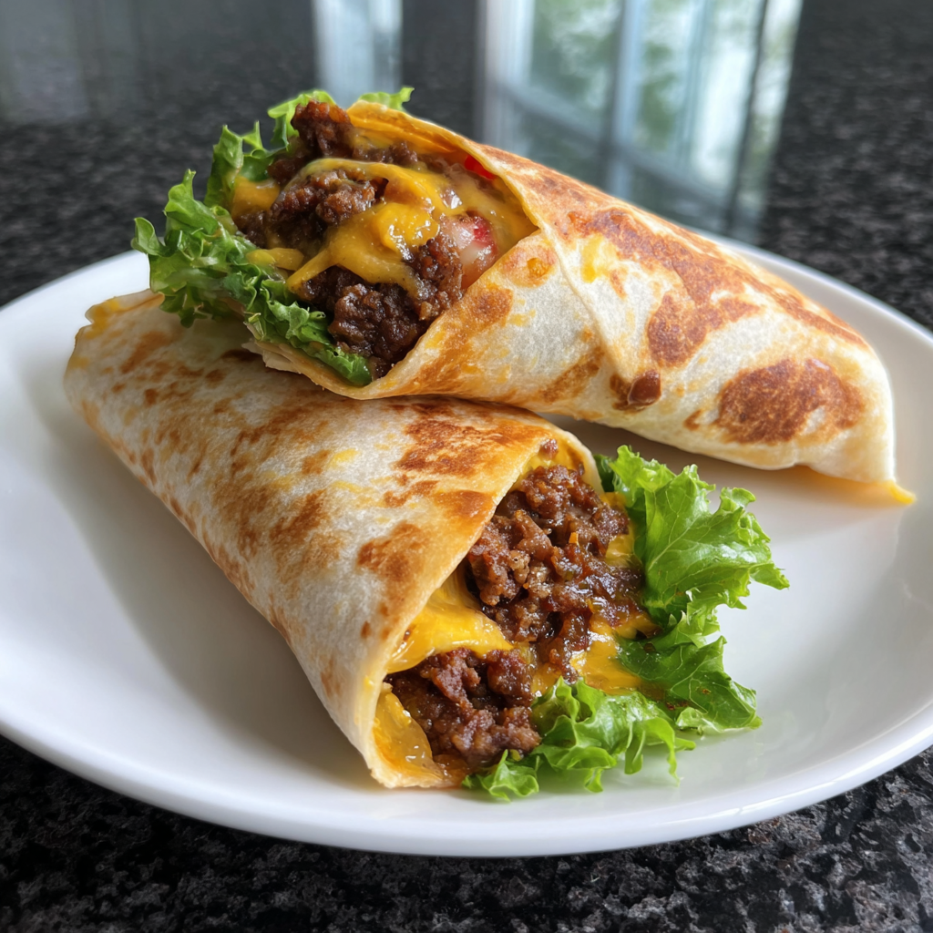Two burritos with lettuce and cheese on a plate.