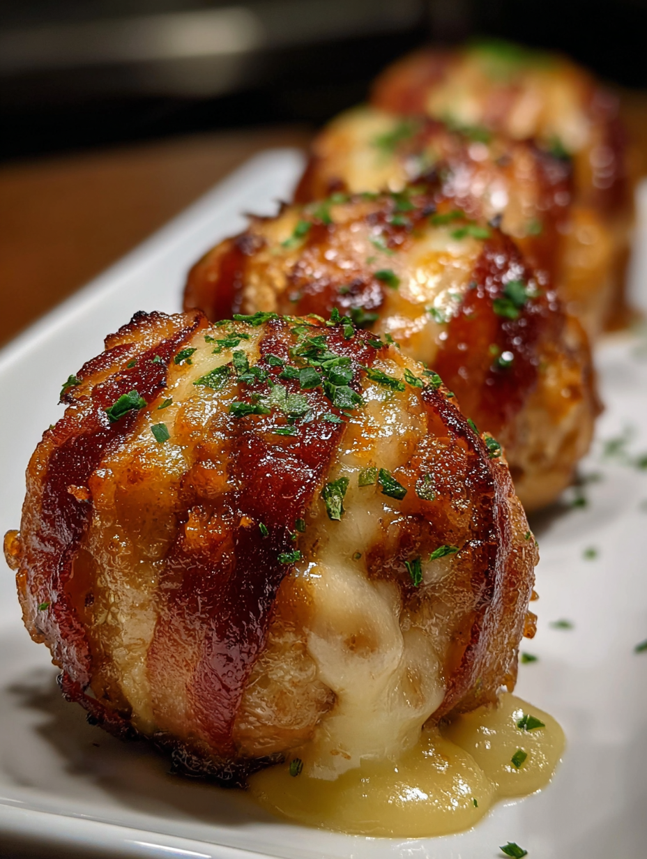 Bacon wrapped cheese balls on a white plate.