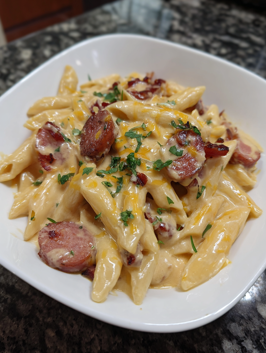 A bowl of pasta with meat and cheese.