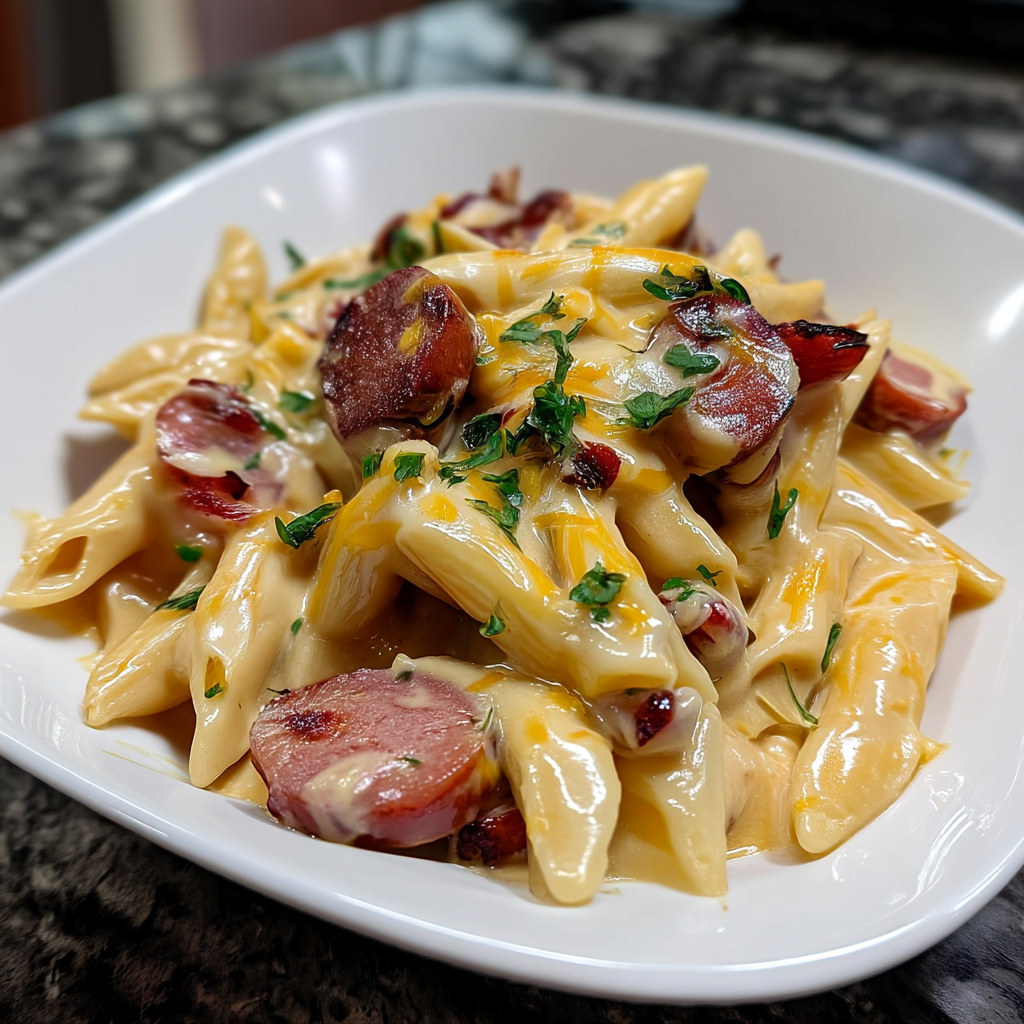 A bowl of pasta with meat and cheese.