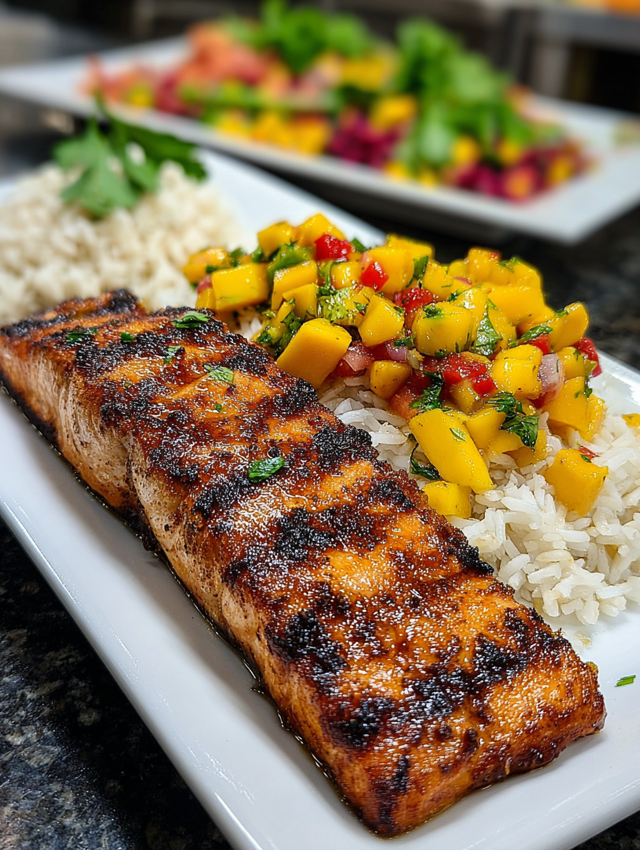 A plate of food with rice, fish, and vegetables.