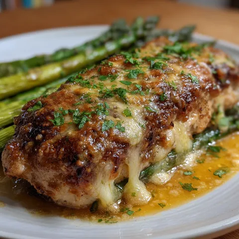 A plate of food with chicken and asparagus.