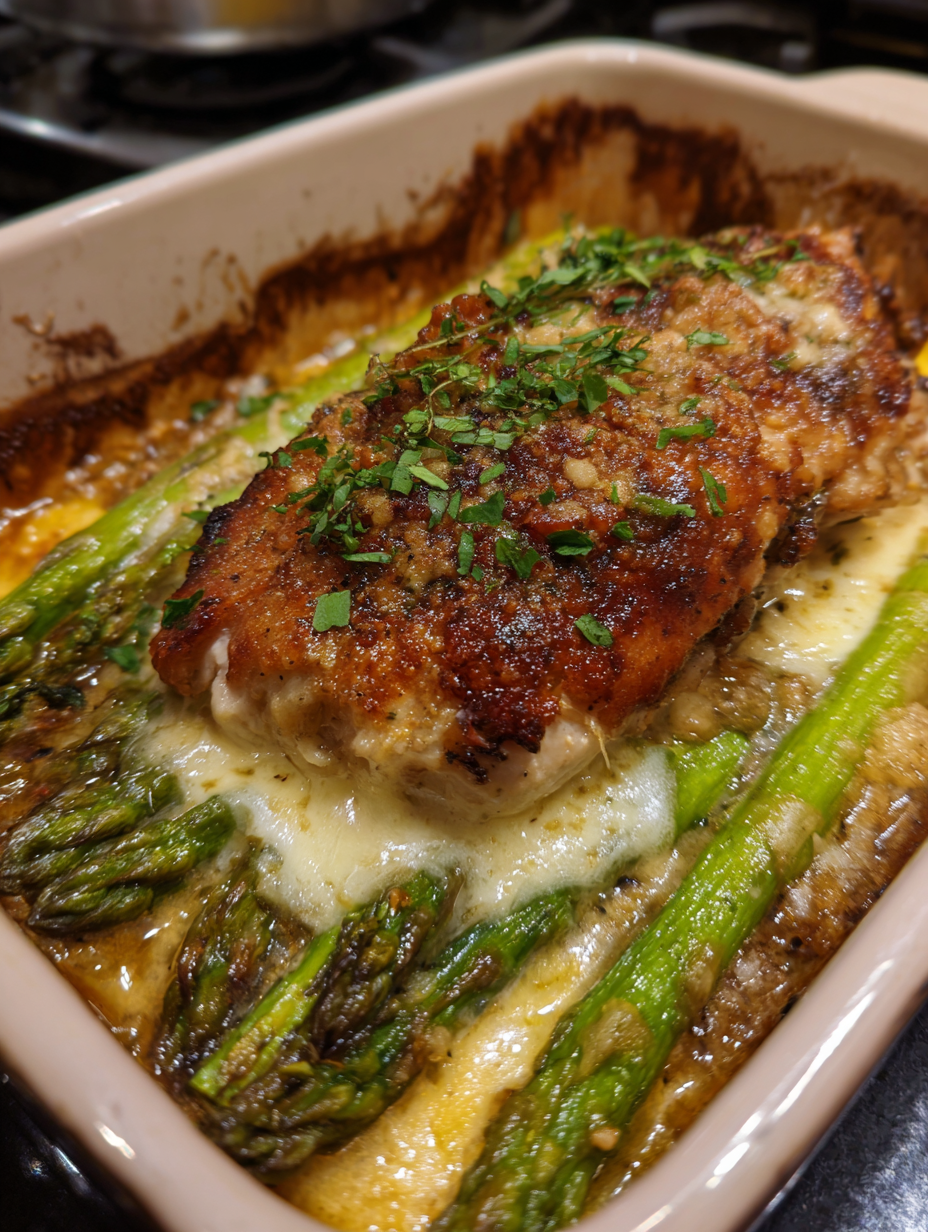 A dish of chicken with asparagus and cheese.