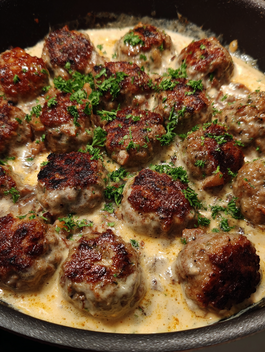 A bowl of meatballs in a creamy sauce.