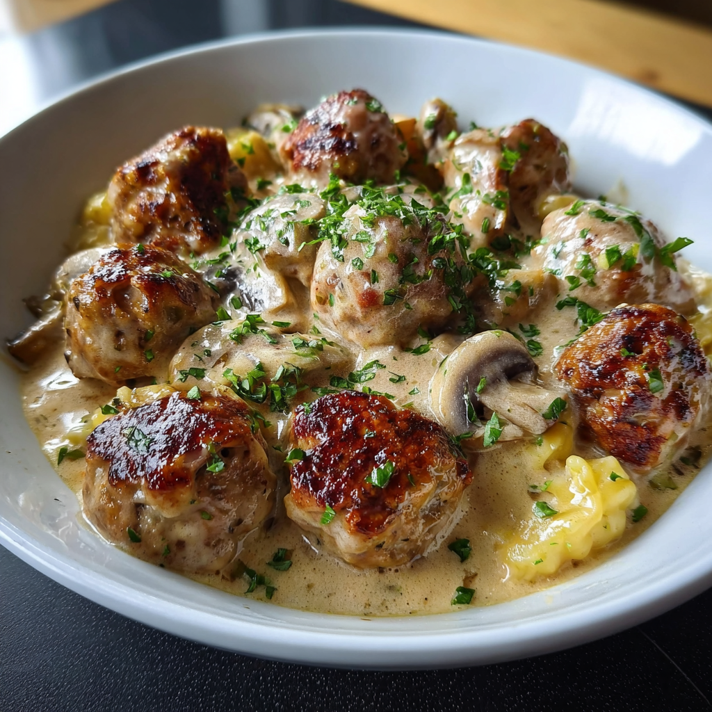 A bowl of food with meatballs and mushrooms.