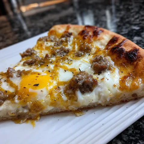 A slice of pizza with an egg on top.