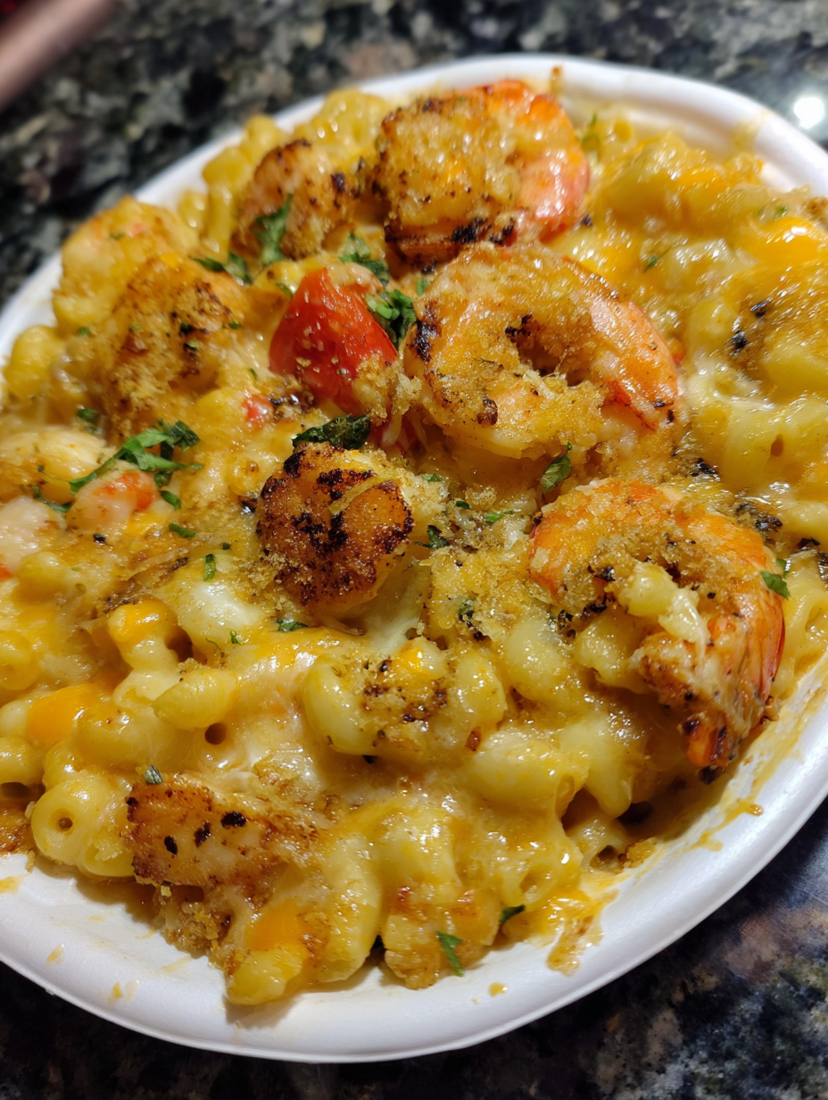 A bowl of macaroni and cheese with shrimp.