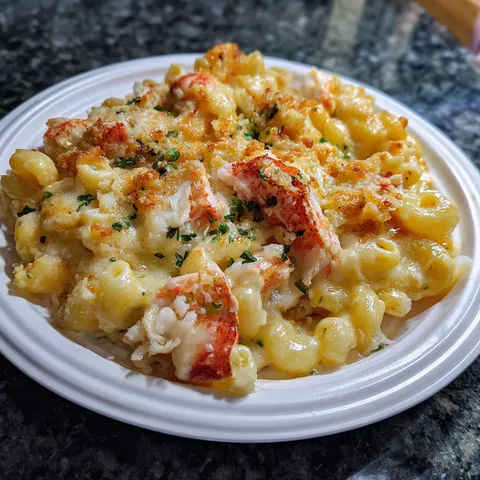 A plate of macaroni and cheese.