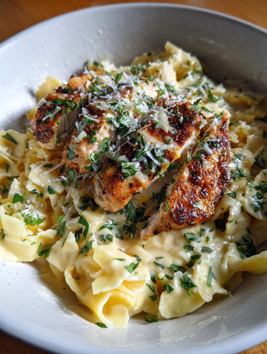 A plate of pasta with chicken and cheese.