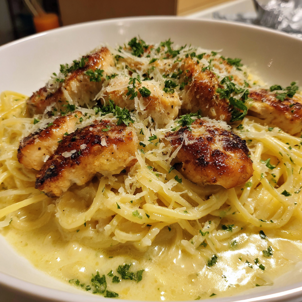 A bowl of pasta with chicken and cheese.