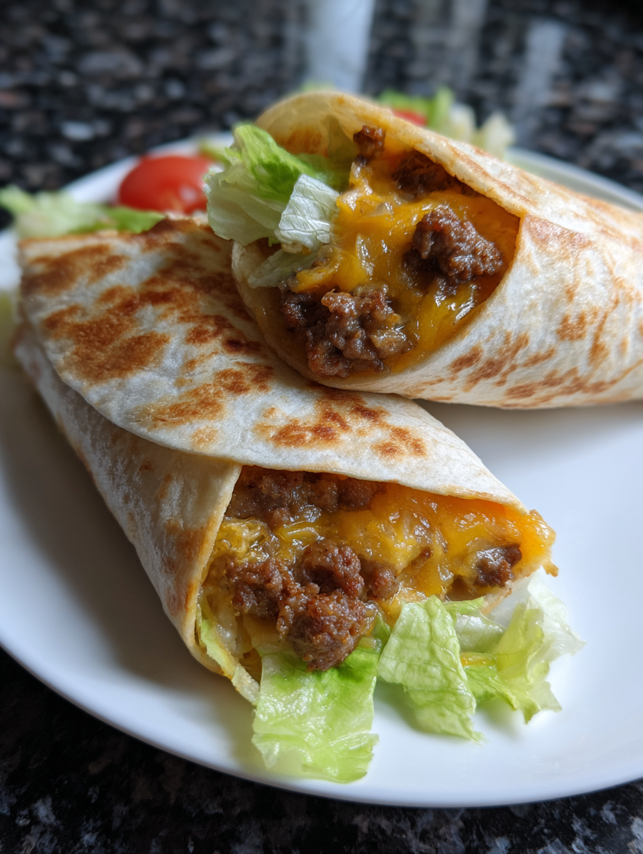 Two burritos with lettuce and cheese on a plate.