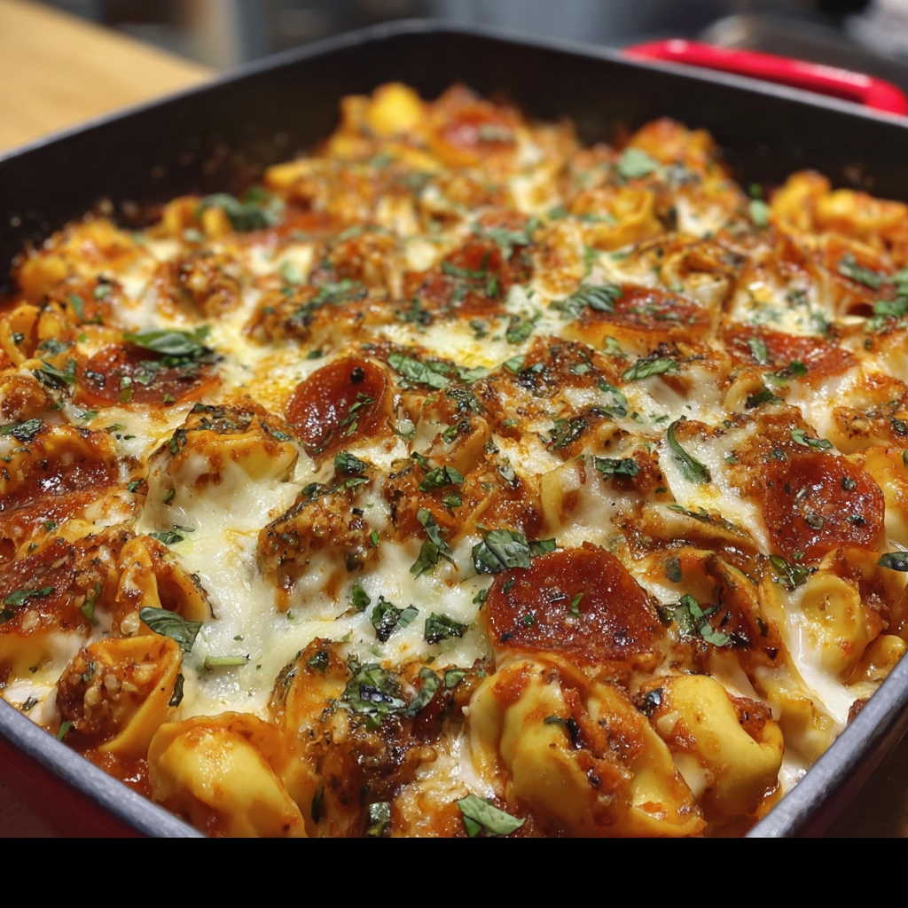 A pan of food with pepperoni and cheese.