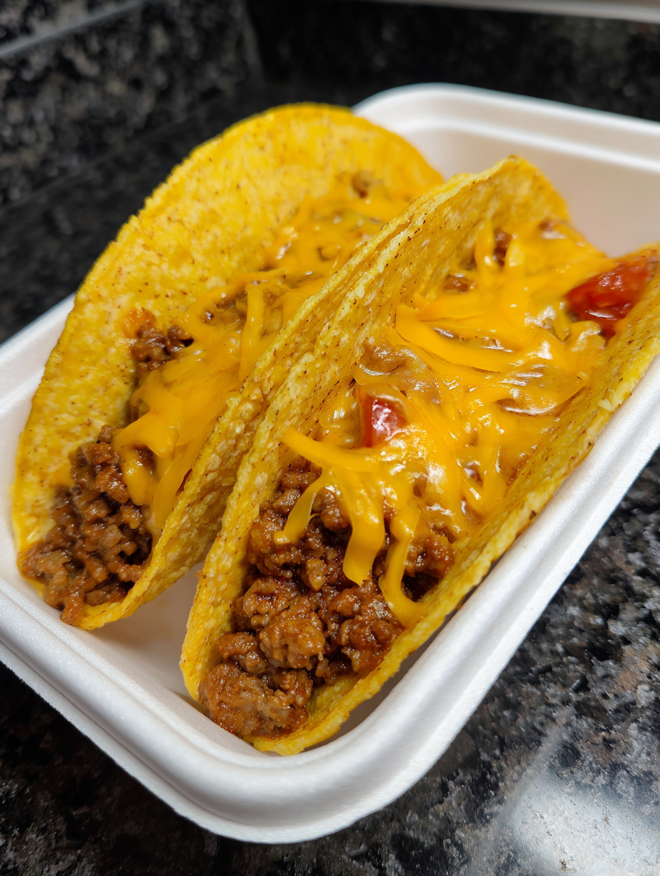 Two tacos with meat and cheese.