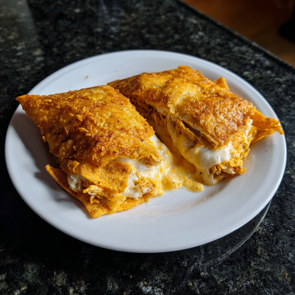 A white plate with two pieces of food on it.