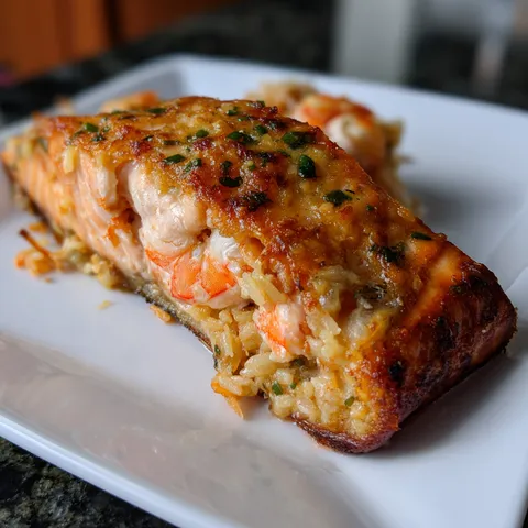 A piece of fish on a white plate.