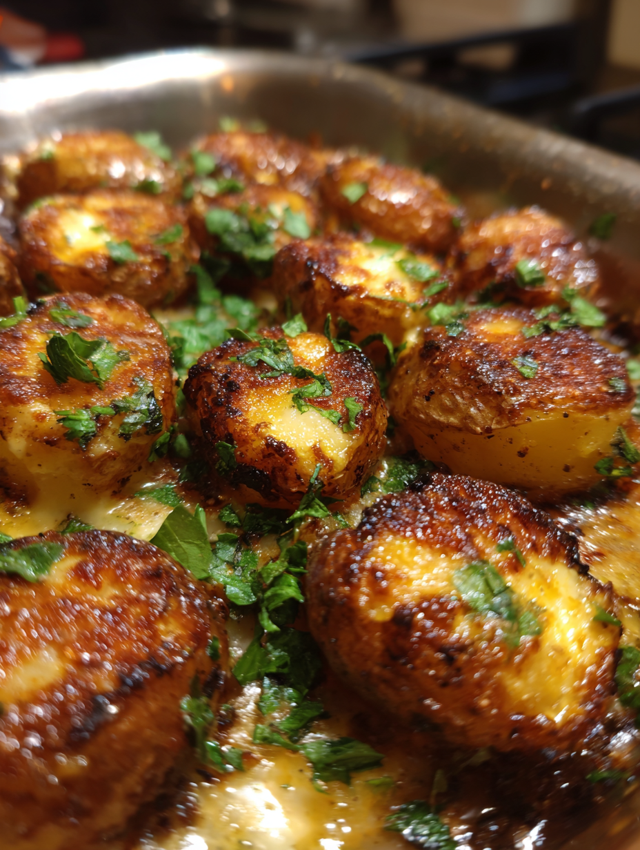 A pan of food with potatoes and greens.