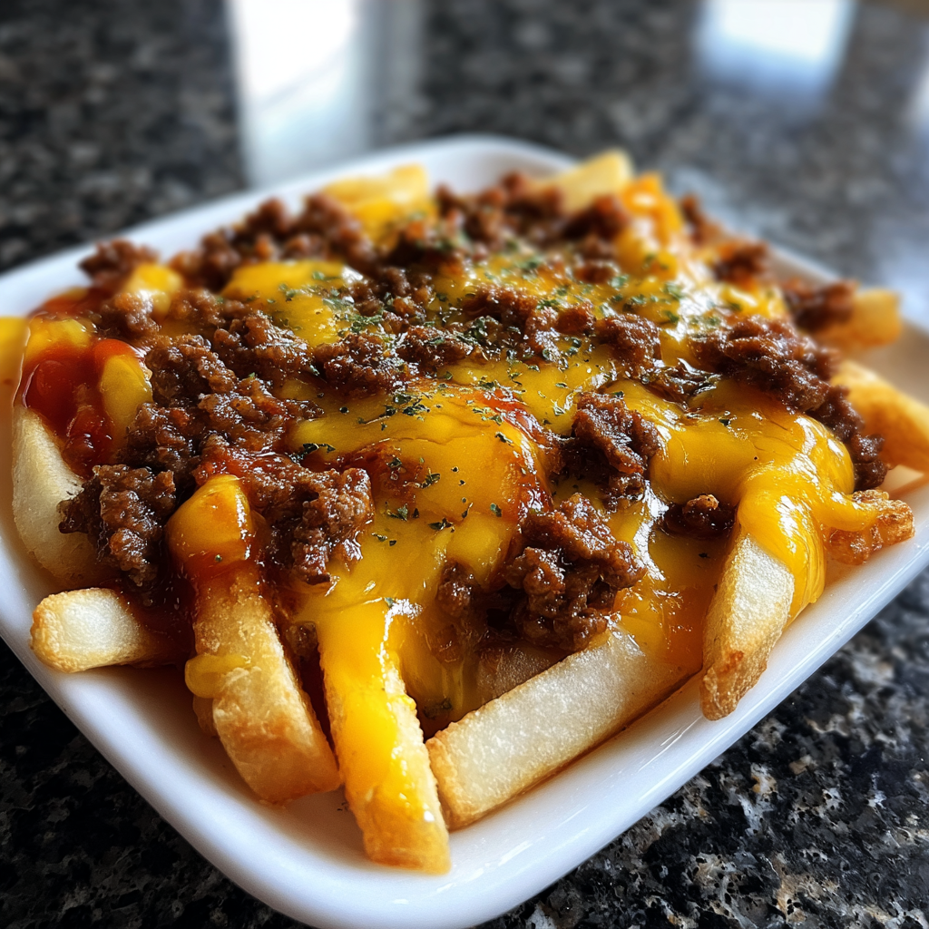 A plate of cheese and beef covered fries.