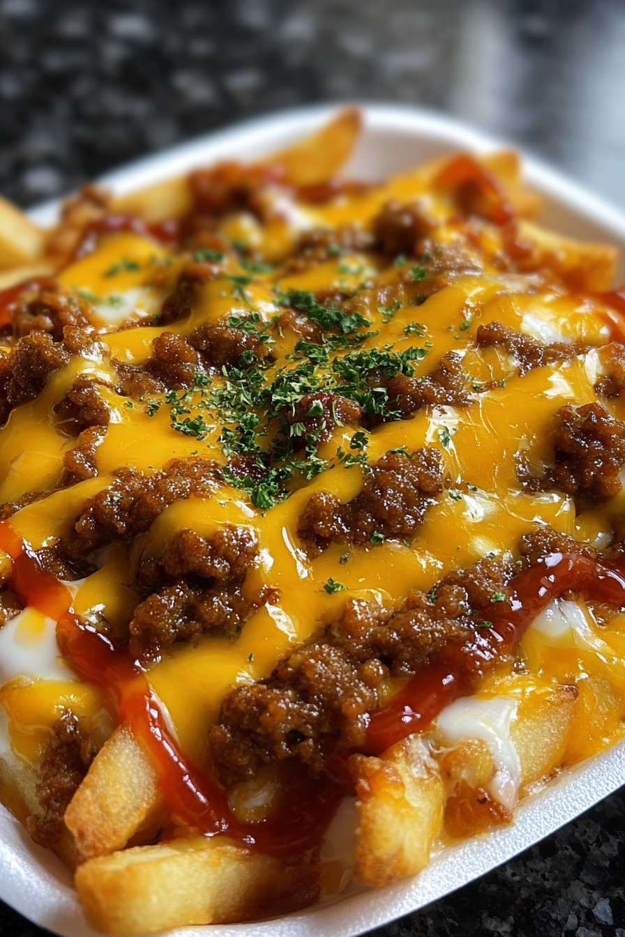 A plate of food with cheese and chili on top.