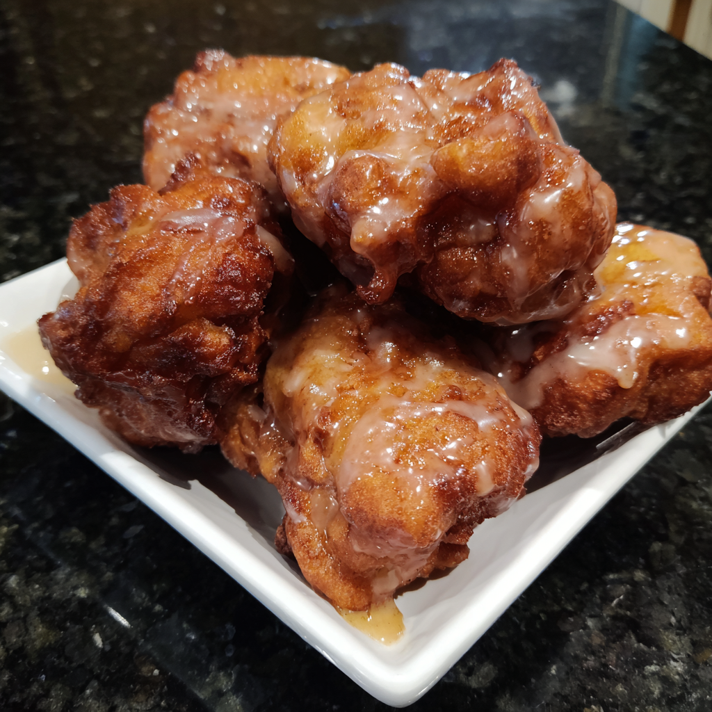 A plate of doughnuts with glaze.