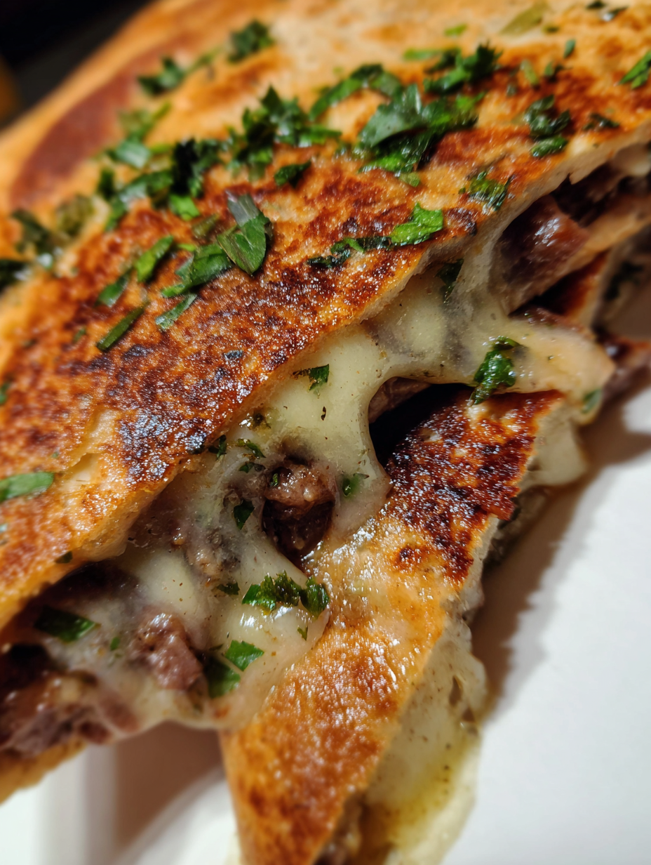 A sandwich with cheese and meat on a white plate.