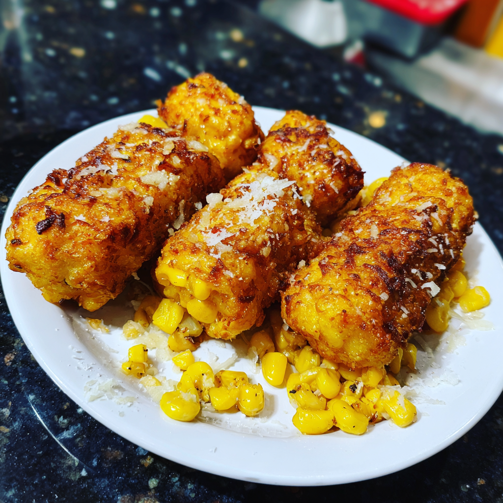 A plate of corn on the cob with cheese on top.